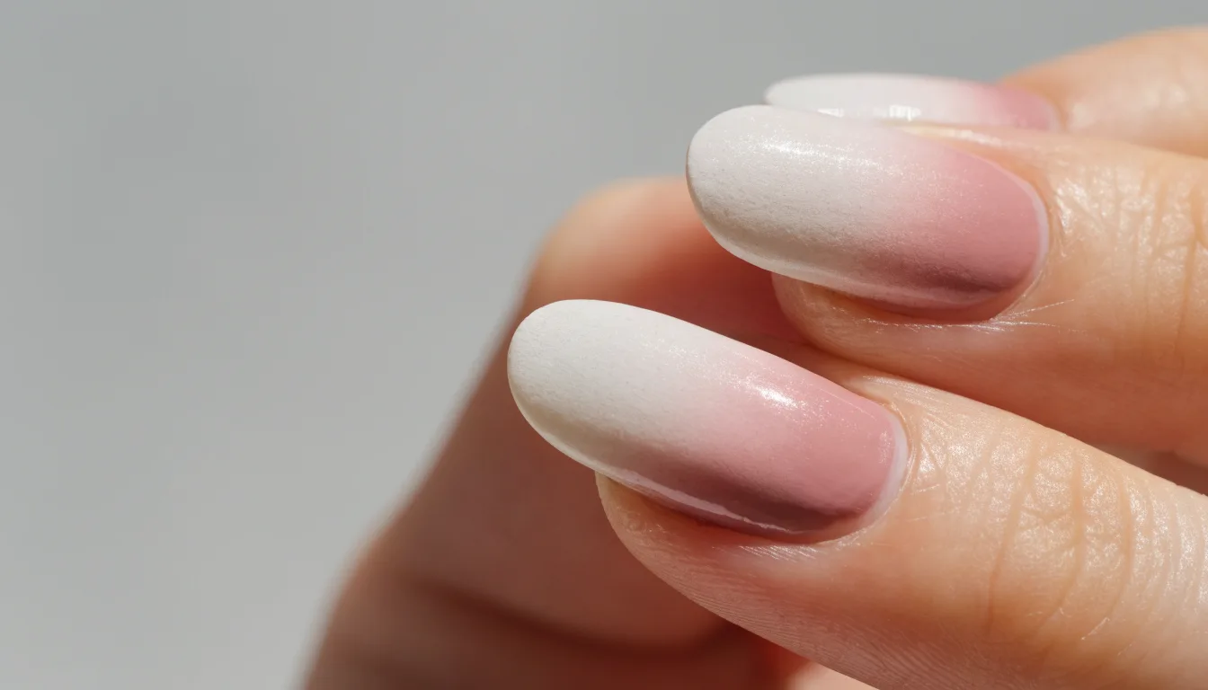 Szaro-różowy manicure z delikatnym przejściem ombre i subtelnym połyskiem