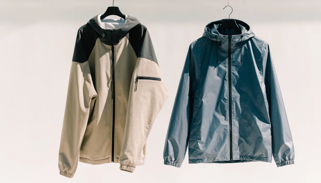 Dwie kurtki outdoorowe o różnej konstrukcji: miękki softshell i hardshell z kapturem